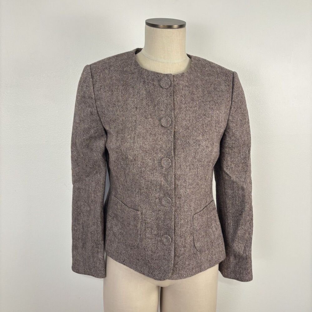 Ann Taylor Factory 8P Brown Tweed Wool Blend Collarless Jacket Dark Academia